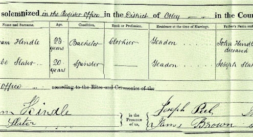 William Hindle & Phebe Slater Marriage Certificate