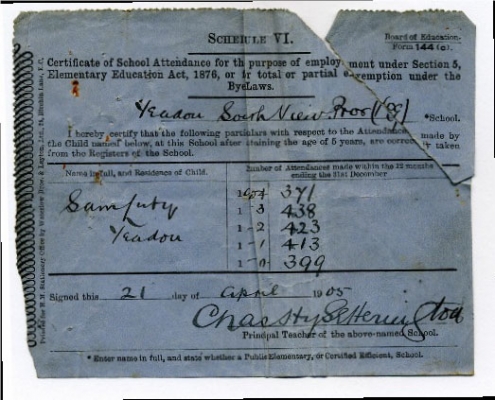 Sam's School Attendence Record 1905